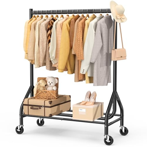 EAGMAK Heavy Duty Clothes Rail Load 180 KG, Rolling Garment Rail with Lockable Wheels, Standing Metal Clothing Rack, Portable Wardrobe Rack Sturdy Coat Hanging Rail for Hanging Clothes (Black)