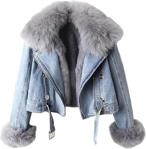 Juankrynord Giacca di Jeans con Colletto Caldo per Capelli Invernale da Donna Foderata con arricciature Giacca Corta in Peluche Ispessita Staccabile con Parte Superiore Ampia e pelosa (Blu,S)