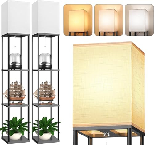 Floor Lamp with Shelves for Living Room 2 Pack, Shelf Floor Lamp with 3 CCT LED Bulb, Corner Display Standing Column Lamp Etagere Organizer Tower Nightstand with White Linen Shade for Bedroom, Office