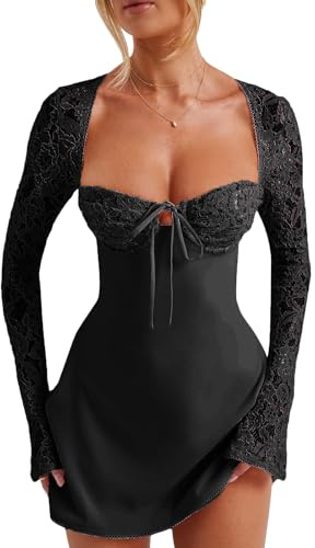 SYHVGI Women Hollow Out Mini Dress Long Sleeve Backless Low-Cut Tie-up Lace Patchwork Cocktail Dress Lace Up Dress