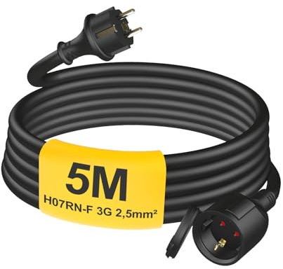 HUARUI Verlängerungskabel Outdoor 5m mit Schutzkappe H07RN-F 3G 2,5 mm², Gummi Stromkabel Verlängerung mit Schuko Stecker für den Außenbereich IP44, Elektrokabel außen, 3500W, 16A 250V, Schwarz