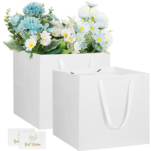 NAHRMY 2 Stück Weiß Geschenktüte Papiertüten, Quadratische Geschenktüten Geschenk Tüten aus Papier für Abschlussfeier Geburtstag Hochzeit Weihnachten Party 20 x 20 x 20 cm