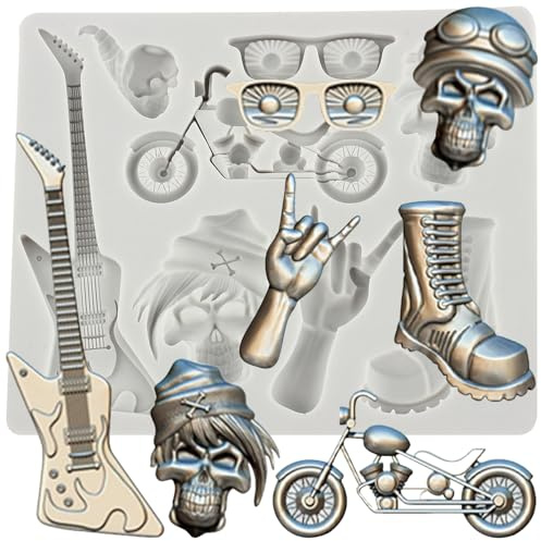 Sijiangmold Hip Hop Silikonformen Gitarre Fondantform Motorrad Brille Piratenschädel Schokoladenform für Kuchendekoration Cupcake Topper Candy Polymer Clay Gum Paste