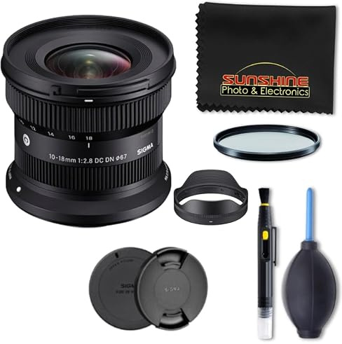 Sigma 10–18 mm f2,8 DC DN zeitgenössisches Objektiv für Sony E mit Sunshine Photo Basic Bundle
