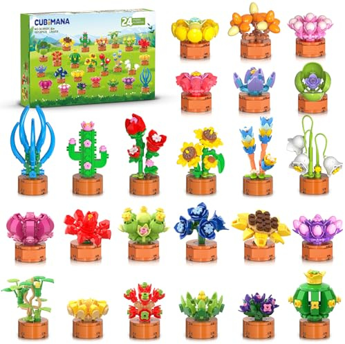 24 Pack Flowers Succulent Party Favors for Kids Building Set - 1012pcs Botanical Bonsai 3.6mm Mini Building Blocks Toy for Easter Basket Fillers Classroom Prize Stocking Stuffer Gift for Girl Boy 6+