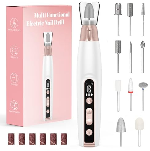 Nagelfräser für Gelnägel kabellos, elektrische Nagelfeile bis zu 10000 U/min, 9 Geschwindigkeitsstufen einstellbar, 11 hochwertige Nagelpflegeaufsätze, Pediküre-Maniküre-Set