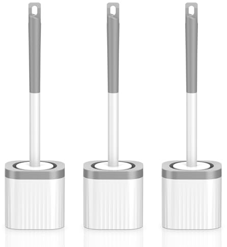 EZKEY Toilet Brush, 3 Pack Toilet Brush and Holder Set with Nylon Bristles Toilet Bowl Brush Compact Hidden Scrubber Brushes for Bathroom Deep Cleaning, Grey & White