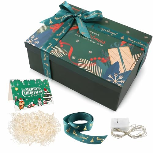 Geschenkbox Weihnachten, Geschenkbox Mit Deckel, Weihnachtsbox | Geschenkboxen Weihnachten,GeschenkkartonWeihnachten,Weihnachtskarton-Verpackung + Schleife + Karte+ LED-Leuchten + Bast