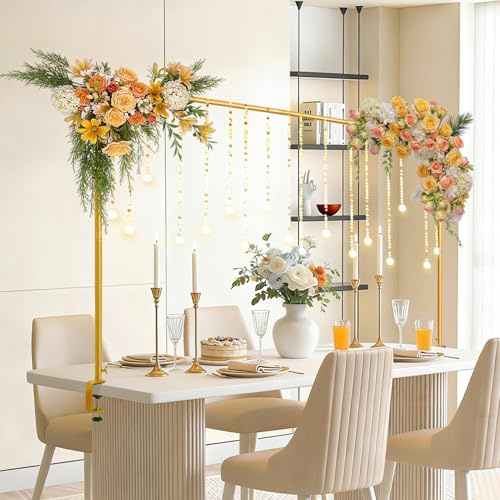 EMART Tisch Deko Stange 85-260cm, Goldener Metall Tischbogen mit Klemmen | Verstellbarer Tischbogenständer,Tischstange, Dekostange für Tisch, Deko-Tischgestell, Weihnachten, Hochzeit, Partydekoration