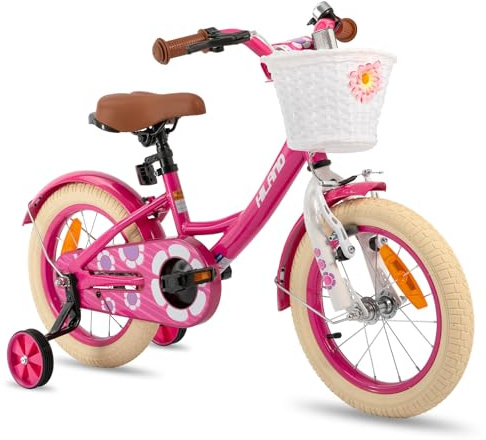 HILAND Petal 12/14/16 Zoll Kinderfahrrad für Mädchen, mit Vorderhandbremse & Rüicktrittbremse, Mädchenfahrrad mit Stützrädern, Kinderfahrrad Mit Korb und Schutzblechen, Rosa/Lila/Weiß