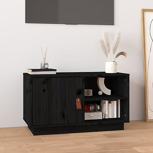 HaoChrymec TV-Schrank aus Massivholz Kiefer, mit Stauraum für DVDs und Spielekonsolen, Fernsehkommode, Sideboard Wohnzimmer, Schwarz, 70 x 34 x 40 cm