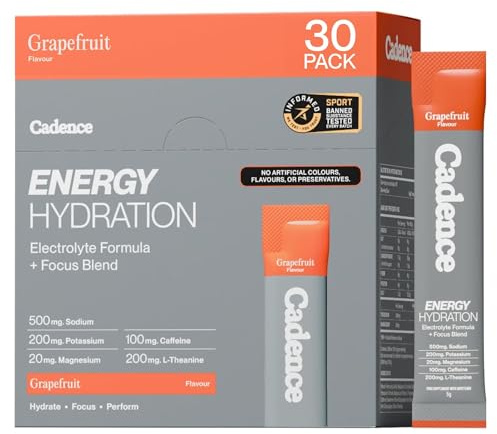 Cadence Energy Electrolyte Hydration Sachets - with Caffeine - 30 Sachets | Training & Performance Electrolyte Powder - L-Theanine - Workout Energy, Endurance & Rehydration - Vegan, Keto - Grapefruit