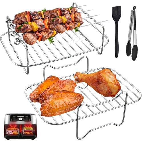 2 Pcs Air Fryer Racks, Air Fryer Accessories with 4 Skewers, 1 Brush and 1 Food Tongs, Stainless Steel Baking Cooking Rack for Cooking Cooling Steaming Baking, Air Fryer