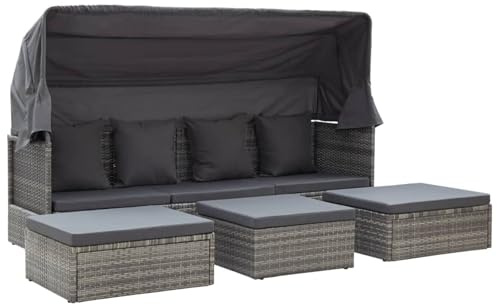 Gecheer Garten-Sonneninsel mit Dach Grautöne Poly Rattan, Garten Sitzgruppe Esstisch Essgruppe Gartenmöbel Set für Balkon Terrasse Café-Bereich46158