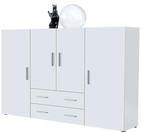 Vladon Highboard Nora Anrichte mit 2 Schubladen und 4 Türen mit insgesamt 8 Fächer dahinter, Weiß matt/Weiß matt (166,5 x 106,5 x 35 cm)