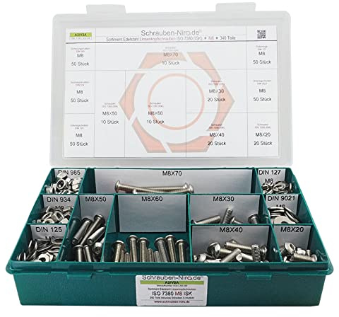 Sortiment M8 ISO 7380-1 Edelstahl A2 (V2A) Flachrundkopfschrauben Innensechskant - Set bestehend aus Schrauben, Unterlegscheiben (DIN 125, 127, 9021) und Muttern (DIN 934, 985) - 340 Teile