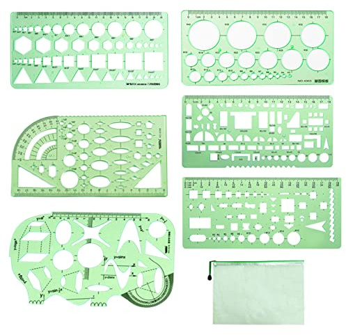 Normographe Geographie, 1-18cm Gabarits de Mesure Plastique Vert Gabarit Géométrique Equerre Dessin pour la Mesure de la Peinture école D'architectes, avec Sac A5 à Fermeture à Glissière (6)