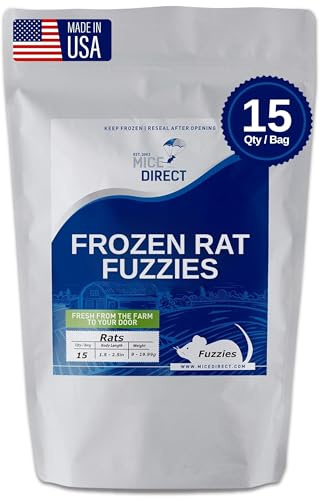 MiceDirect 15 Frozen Rat Fuzzies Feeders Snake Food for Adult Corn Snakes Ball Pythons (2-2.5 in)(Pack of 15)(135 Grams Min)