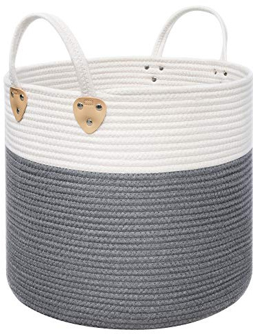 SONGMICS Panier en corde de coton, Corbeille à linge, avec poignées, 50L, Panier de rangement, pour jouets, linge, vêtements, salon, chambre, 40 x 35 cm (ø x H), Gris et Beige LCB441G01