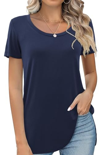 Beluring Toppar damer kortärmad rundhals T-shirt enfärgad lång skjorta blus, B-marinblå, S