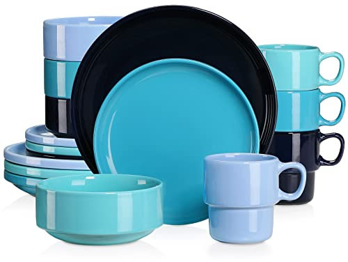 LOVECASA Tafelservice porzellan, 16-teiliges Kombiservice Set, Ess Geschirrset für 4 Personen | Speiseteller, Tassen, Dessertteller und Schüsseln, bunt