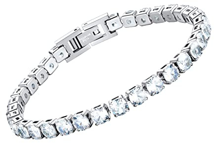 U7 Edelstahl Armband Damen Silber Tennisarmband 17cm Charm Armband mit 5mm Weiß Zirkonia Tennis Armband für Frauen Glitzerarmband Silber Damen Diamant Armreif Armkette Modeschmuck für Ehefrau