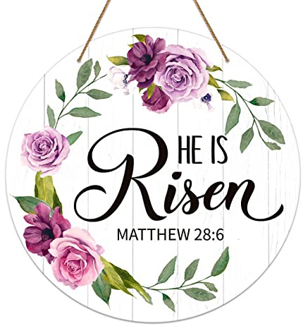 SICOHOME He is Risen Easter Decor - 11.8 He is Risen Door Sign Religious Christian Gift Vintage Floral Easter Door Decorations for Home Wall Farmhouse Indoor Outdoor Spring Hanging Sign