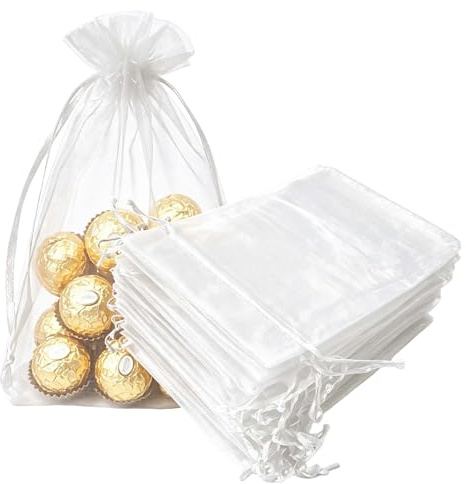 UBGBHO Organza-Geschenkbeutel, 12,7 x 17,8 cm, weißer Kordelzug für Babyparty, Weihnachten, Kleinkindgeburtstag, Partyzubehör, Hochzeit, Strand, transparenter Stoff, glänzender Beutel für Schmuck