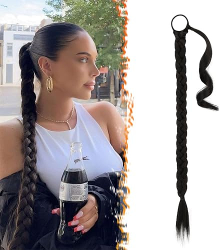 BARSDAR 66cm Langes geflochtenes Pferdeschwanz-Verlängerungsgummiband, gerade umwickelter Zopf, Haarverlängerungen, Pferdeschwanz, DIY, natürliches, weiches, synthetisches Haarteil für Frauen