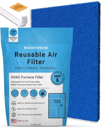 Biodefensor Reusable Air Filter 20x30x1, Made in USA - Cut to Fit Most Furnace, AC, HVAC Vent - Washable, Durable, Rigid Media - High Airflow Energy-Efficient, Includes Prep Pad & Hook Tape