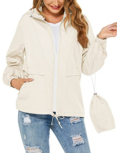 Tisfeer Waterproof Raincoat Women Lightweight Thin Cycling Jacket Bicycle Hiking Camping Windbreaker(Beige,XL)