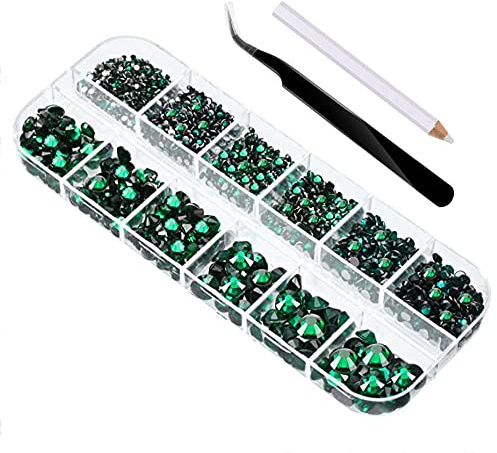 2000 Stück Flache Rückseite Gems Runder Kristall Strasssteine 6 Größen 1,5-6 mm mit Pick Up Pinzette und Strass Picking Stift für Handwerk Nagel Kleidung Schuhe (Grün)