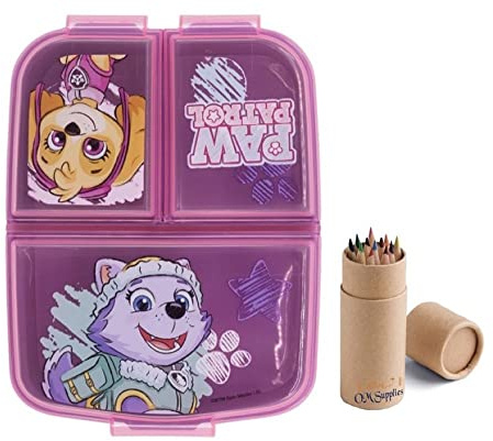 OM SUPPLIES Patrol Girl - Contenitore portapranzo riutilizzabile, con 3 scomparti multipli per bambini, per la scuola, include 12 matite (Patrol Girl)