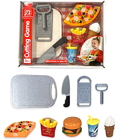 Koolbitz Kids Pretend Play Kitchen Food Play Set Fruit & Vegetable Cutting Toys Set Fast Food with Chopping Knife Grater Kitchen Playset Role Play Gifts for Children Girls Boys Toddler Play Set Toys