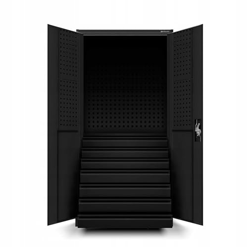 Jan Nowak Armoire à Outils TC007 Armoire d'atelier Métallique avec 7 Tiroirs Portes battantes Tôle d'acier 185 cm x 92 cm x 50 cm (Noir)