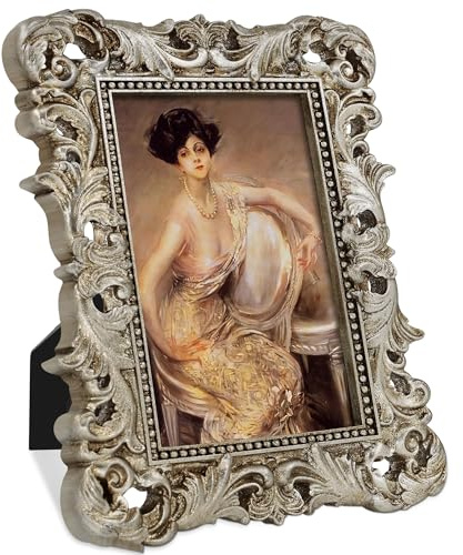 FJXMFRAME Silberner Bilderrahmen, kunstvoll, antik mit Glasfront, kleiner Barock-, viktorianischer Vintage-Rahmen für Tischplatte oder Wanddekoration