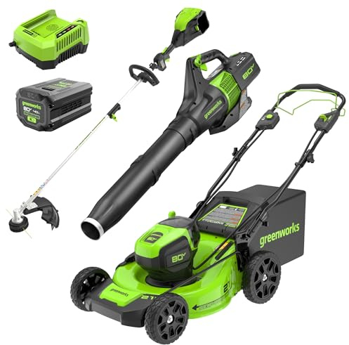 Greenworks 80V 21 Self-Propelled Cordless Lawn Mower + 580CFM Blower + 16 String Trimmer – 4.0Ah Battery & 60-Min Rapid Charger (75+ Compatible Tools)
