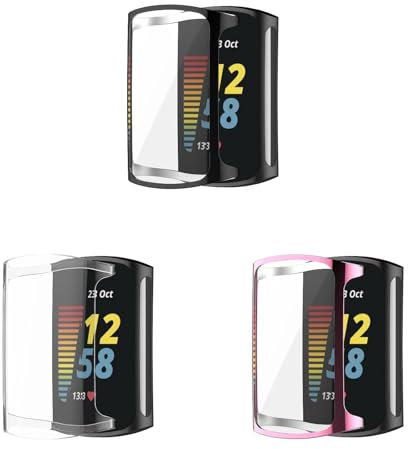 Case Compatible with Fitbit Charge 6 with Screen Protector, 3 Pack Flexible TPU Shockproof Scratch Proof Cover Case for Fitbit Charge 5/Charge 6 Activity Tracker (Black/Clear/Pink)