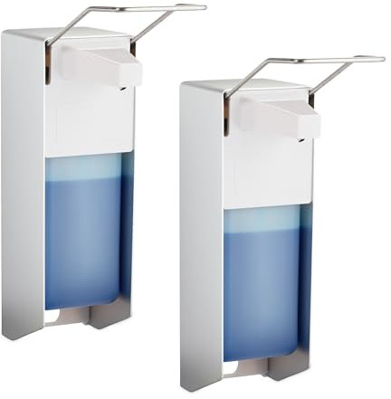 Relaxdays Desinfektionsspender, 2er Set, 1000 ml, Eurospender für Desinfektionsmittel & Seife, Wandmontage, Silber/weiß