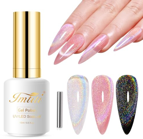Imtiti Regenbogen Cat Eye UV Gel, 15ML Iridescent Glitter Katzenauge gel Nagellack Holografisches Glitzer Mit Magnet UV Led Magnetisch Gel Nail Polish Maniküre Nagelsalon