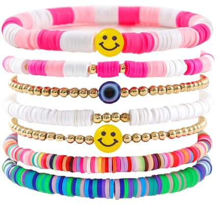 7 Stück Inspiriertes Freundschaftsbänder, Böhmen Stretch Armbänder, Buntes Perlen Stretch Armband Wunderschöner Sommer Strand Perlen Set Schmuck