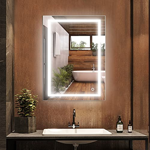 OHMG Miroir de salle de bain, rectangulaire, 60 x 80 cm, LED, avec interrupteur tactile, miroir mural avec verre anti-explosion, économe en énergie, blanc froid