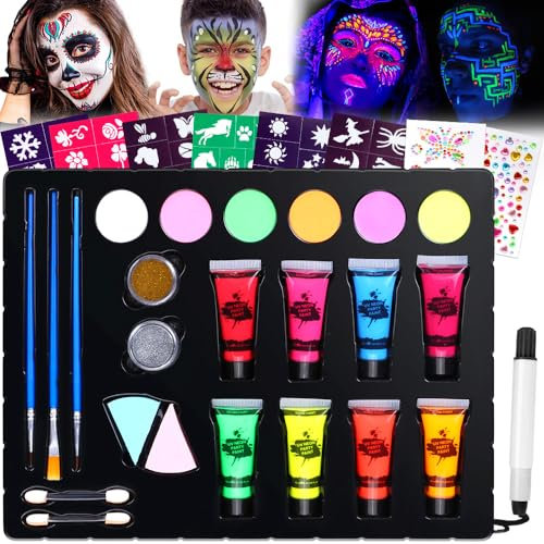 Janolia Gesichtsfarbe Kinderschminke Set, UV Bodypainting Farben für Theaterschminke Karnevalsschminke, 14 Farben Faschingsschminke Face Paint, Ideal Kinderschminken Set für Halloween Karneval