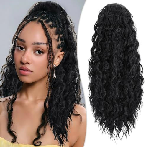 RUWISS Haarteil Natürlich Schwarz Lockig Pferdeschwanz, 50cm Clip in Gewellt Ponytail Extension Lang Pferdeschwanz Zopf Extensions Synthetik Haarverlängerung für Frauen Damen