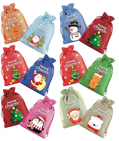 Jutebeutel mit Kordelzug,Weihnachts-Süßigkeitsbeutel | 12 x Sackleinen-Leckerli-Beutel, Bonbontüten | Weihnachtstüten mit Kordelzug, Leinenverpackungstüten für weihnachtliche Süßigkeiten