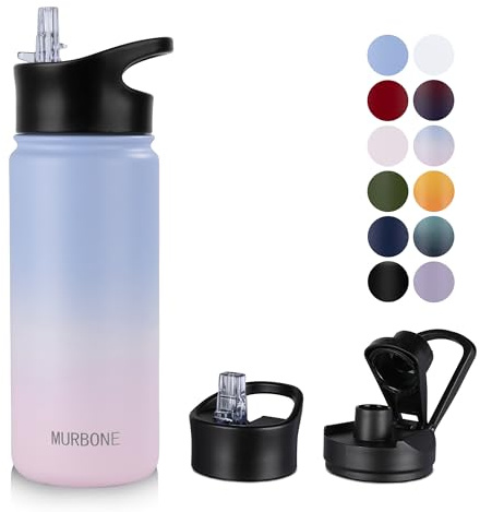 MURBONE Edelstahl Trinkflasche 500ml (+2 Deckel)-mit Strohhalm,BPA frei,Thermosflasche Auslaufsicher,Kohlensäure Geeignet,Thermoskanne Vakuum Doppelwandisolierung für Sport, Reisen, Camping