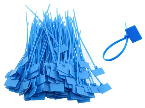 Maxmoral 150 etichette in nylon per fascette fermacavi da 15,9 cm, blu con sigillo di sicurezza, etichette da appendere, autobloccanti, scrivibili, per organizzare computer, TV, modem via cavo