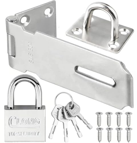 Stainless Steel Door Locks Hasp Latch Clasp Staple with Padlock 3 Inch | Safety Packlock Clasp Hasp Staple Gate Lock Latch Clasp Shed Lock for Bedroom Garage Window Silver