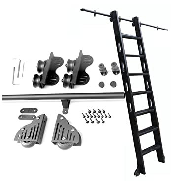 CuNtoHHH Rollleiter-Hardware-Kit, rustikales, schwarzes, einziehbares Rollleiter-Hardware-Bibliothek, Schiebeleiter-Hardware-Kit, 3,3 bis 20 Fuß Lange Schiene/Schiene (ohne Leiter), runde Röhren-Mobi