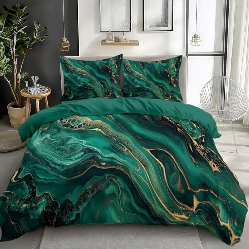 King Size Duvet Cover Green And Gold Marble Bedding Set with 2 Pillowcases Soft Non Iron Microfiber Bed Cover Green Malachite Hypoallergenic Duvet Cover Set